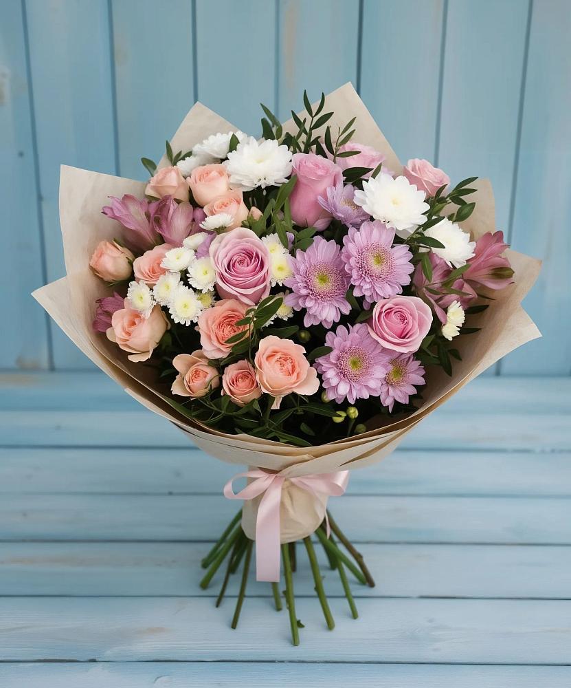 Букет цветов из: Хризантемы, Розы и Альстромерии в Боринском