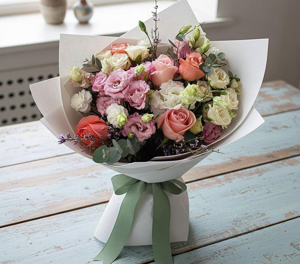 Букет цветов из: Розы, Лизиантусы и Гвоздики в Боринском