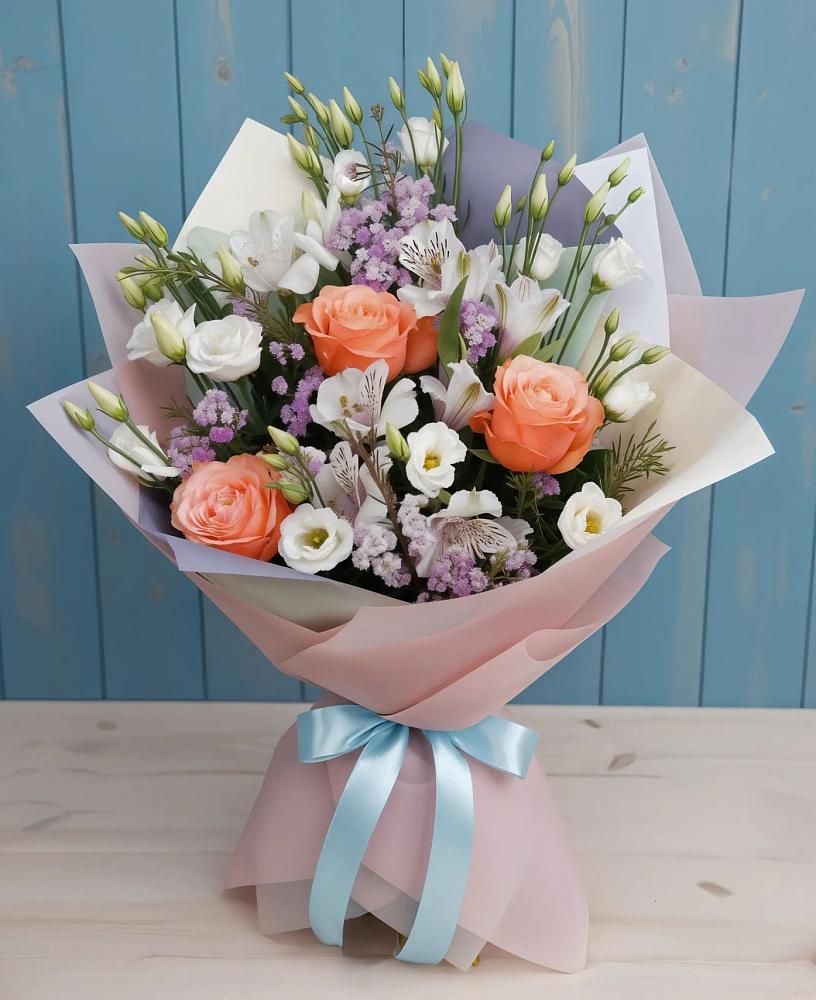 Букет цветов из: Лизиантусы, Розы, Альстромерии и Гипсофила в Боринском