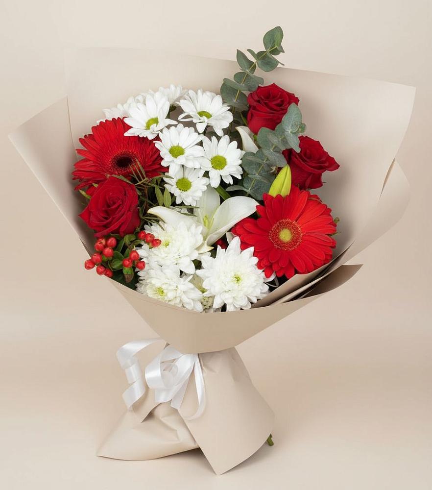 Букет цветов из: Розы, Хризантемы, Герберы и Лилии в Боринском